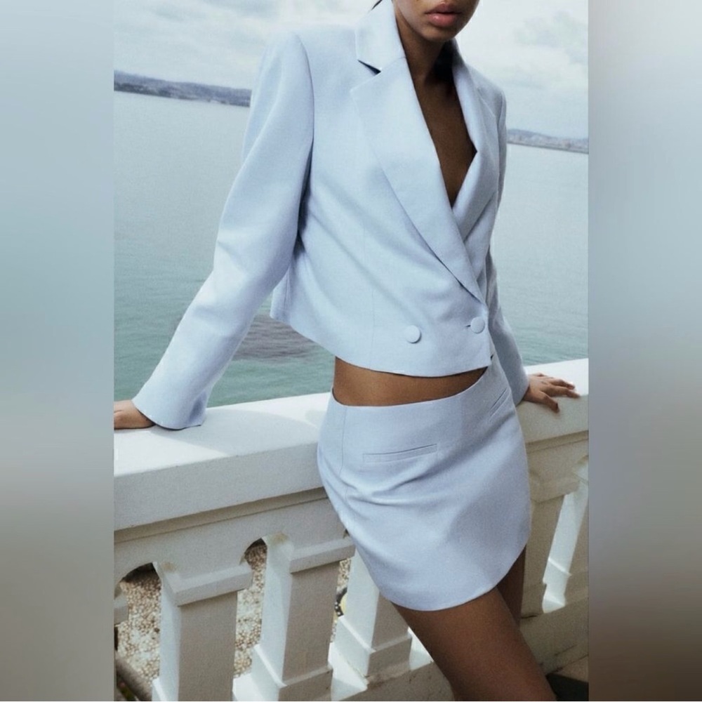 Zara Sky Blue Linen Blazer and Skort Set